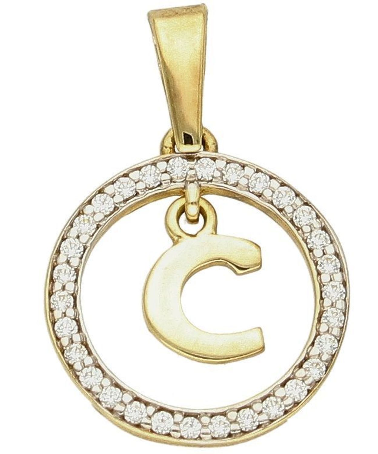 Złota zawieszka 333 literka C w kółeczku ozdobionym cyrkoniami Z-441 C. Piękny, złoty wisiorek o ciekawym wzorze wykonany z żółtego złota próby 333. Personalizowana zawieszka to doskonały pomysł na prezent dla każdej kobiety..jpg